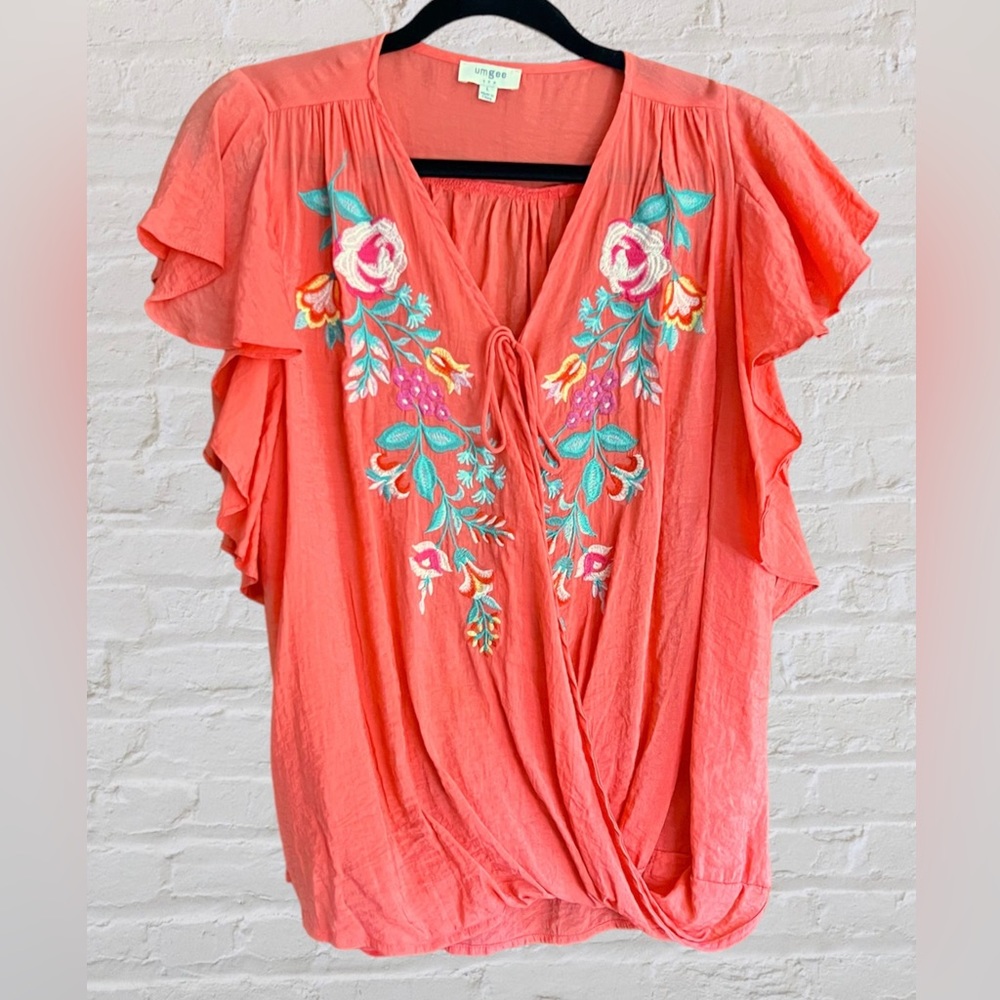 Umgee Vibrant Coral Embroidered Floral Blouse Cross Over V-Neck Like New